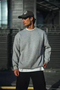Erkek Kışlık Bisiklet Yaka 3 İplik Basic SweatShirt - Gri