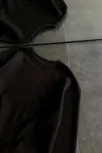 Kadın Bisiklet Yaka 3 İplik Pamuklu Basic SweatShirt - Siyah