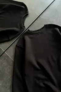 Kadın Bisiklet Yaka 3 İplik Pamuklu Basic SweatShirt - Siyah