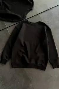 Kadın Bisiklet Yaka 3 İplik Pamuklu Basic SweatShirt - Siyah
