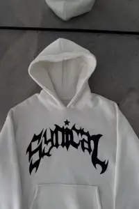 Erkek Kapüşonlu Kanguru Cepli Sweatshirt 3 İplik Pamuklu Baskılı Hoodie - Beyaz