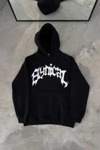 Erkek Kapüşonlu Kanguru Cepli Sweatshirt 3 İplik Pamuklu Baskılı Hoodie - Siyah