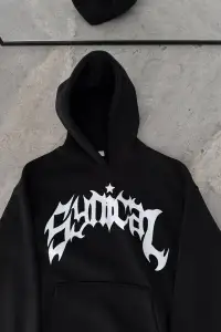 Erkek Kapüşonlu Kanguru Cepli Sweatshirt 3 İplik Pamuklu Baskılı Hoodie - Siyah
