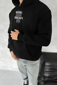 Erkek Kapüşonlu Kanguru Cepli Sweatshirt 3 İplik Pamuklu Baskılı Hoodie - Siyah