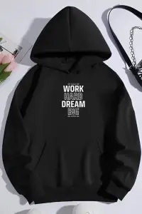 Kadın Oversize Kapüşonlu Cepli Baskılı 3 İplik Pamuklu Hoodie Sweatshirt - Siyah