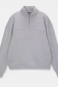 Kadın 3 İplik Pamuklu Oversize Yarım Fermuarlı Yakalı Basic Sweatshirt - Gri