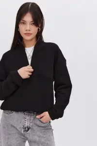 Kadın 3 İplik Pamuklu Oversize Yarım Fermuarlı Yakalı Basic Sweatshirt - Siyah