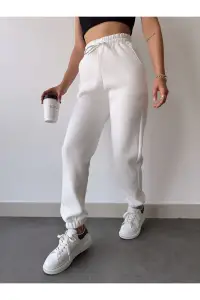 Kadın 3 iplik Pamuklu Paça Lastikli Eşofman Pantolon - Beyaz