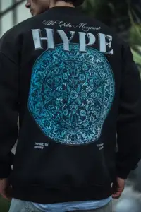 Erkek 3 İplik Pamuklu Bisiklet Yaka Baskılı SweatShirt - Siyah