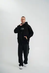 Erkek 3 İplik Pamuklu Kapüşonlu Baskılı Cepli Oversize Sweatshirt Hoodie - Siyah