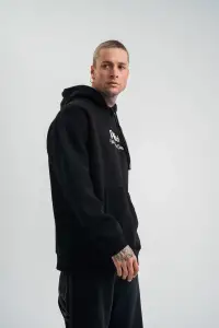 Erkek 3 İplik Pamuklu Kapüşonlu Baskılı Cepli Oversize Sweatshirt Hoodie - Siyah