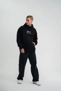 Erkek 3 İplik Pamuklu Kapüşonlu Baskılı Cepli Oversize Sweatshirt Hoodie - Siyah