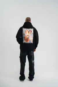Erkek 3 İplik Pamuklu Kapüşonlu Baskılı Cepli Oversize Sweatshirt Hoodie - Siyah