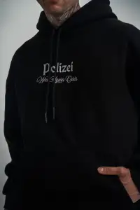 Erkek 3 İplik Pamuklu Kapüşonlu Baskılı Cepli Oversize Sweatshirt Hoodie - Siyah