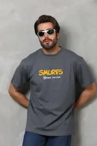Erkek Kısa Kol Yazlık Tişört Bisiklet Yaka Baskılı Oversize T-Shirt - Füme