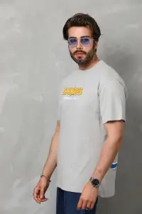 Erkek Kısa Kol Yazlık Tişört Bisiklet Yaka Baskılı Oversize T-Shirt - Gri