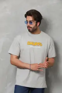 Erkek Kısa Kol Yazlık Tişört Bisiklet Yaka Baskılı Oversize T-Shirt - Gri