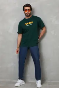 Erkek Kısa Kol Yazlık Tişört Bisiklet Yaka Baskılı Oversize T-Shirt - Yeşil
