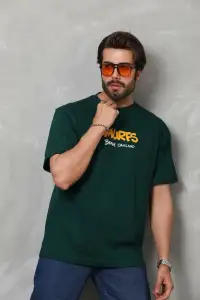 Erkek Kısa Kol Yazlık Tişört Bisiklet Yaka Baskılı Oversize T-Shirt - Yeşil