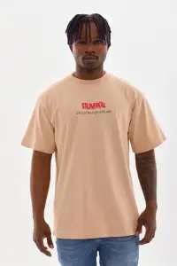 Erkek Baskılı T-Shirt Kısa Kol Bisiklet Yaka Rahat Kalıp Tişört  - Bej