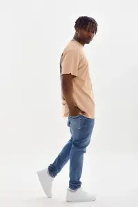 Erkek Baskılı T-Shirt Kısa Kol Bisiklet Yaka Rahat Kalıp Tişört  - Bej