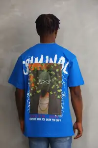 Erkek Baskılı T-Shirt Kısa Kol Bisiklet Yaka Rahat Kalıp Tişört  - Mavi