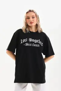Kadın Baskılı Tişört Kısa Kol Bisiklet Yaka Oversize T-Shirt - Siyah