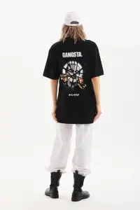 Kadın Kısa Kol Yazlık Tişört Bisiklet Yaka Baskılı Oversize T-Shirt - Siyah
