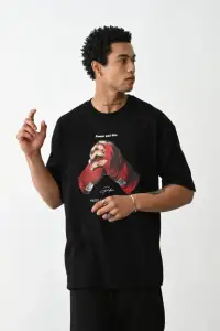 Erkek Boxy Eldiven Baskılı T-Shirt Kısa Kol Bisiklet Yaka Tişört - Siyah