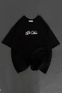Kadın Baskılı T-Shirt Kısa Kol Bisiklet Yaka Oversize Rahat Kalıp Günlük Tişört - Siyah