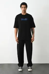 Erkek Baskılı Oversize  Kısa kol T-Shirt - Siyah