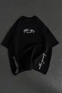 Erkek Kısa Kol Tişört Bisiklet Yaka Filistin Poşulu Baskılı T-Shirt - Siyah