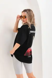 Kadın Baskılı T-Shirt Kısa Kol Bisiklet Yaka Oversize Rahat Kalıp Günlük Tişört - Siyah