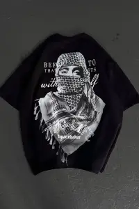 Erkek Kısa Kol Tişört Bisiklet Yaka Filistin Poşulu Baskılı T-Shirt - Siyah
