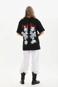 Kadın Kısa Kol Yazlık Tişört Bisiklet Yaka Baskılı Oversize T-Shirt - Siyah