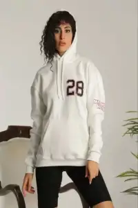 Kadın Oversize Kapüşonlu Cepli Baskılı 3 İplik Pamuklu Hoodie Sweatshirt - Beyaz
