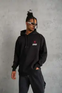Erkek 3 İplik Pamuklu Kapüşonlu Baskılı Cepli Oversize Sweatshirt Hoodie - Siyah