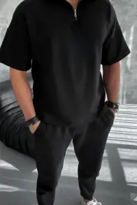 Erkek Yarım Fermuarlı Kısa kol T-Shirt - Siyah
