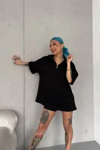 Kadın Yarım Fermuarlı Tişört Kısa kol T-Shirt - Siyah