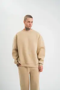 Erkek Uzun Kol Bisiklet Yaka 3 iplik Pamuklu Kışlık SweatShirt  - Bej