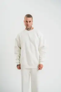 Erkek Uzun Kol Bisiklet Yaka 3 iplik Pamuklu Kışlık SweatShirt  - Beyaz