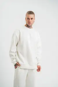 Erkek Uzun Kol Bisiklet Yaka 3 iplik Pamuklu Kışlık SweatShirt  - Beyaz