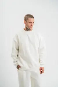 Erkek Uzun Kol Bisiklet Yaka 3 iplik Pamuklu Kışlık SweatShirt  - Beyaz