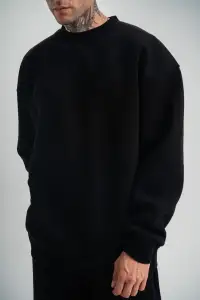 Erkek Uzun Kol Bisiklet Yaka 3 iplik Pamuklu Kışlık SweatShirt - Siyah