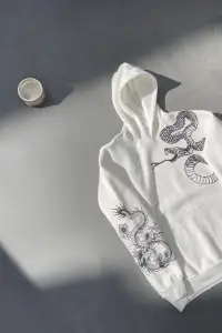 Erkek 3 İplik Pamuklu Kapüşonlu Baskılı Cepli  Sweatshirt Hoodie - Beyaz