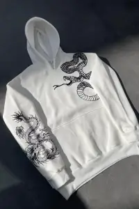 Erkek 3 İplik Pamuklu Kapüşonlu Baskılı Cepli  Sweatshirt Hoodie - Beyaz