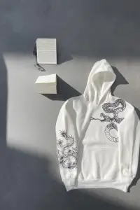Erkek 3 İplik Pamuklu Kapüşonlu Baskılı Cepli  Sweatshirt Hoodie - Beyaz