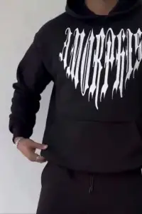 Erkek Kapüşonlu Kanguru Cepli Sweatshirt 3 İplik Pamuklu Baskılı Hoodie -  Siyah