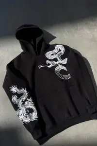 Kadın Oversize Kapüşonlu Cepli Baskılı 3 İplik Pamuklu Hoodie Sweatshirt - Siyah