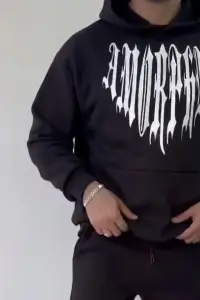 Erkek Kapüşonlu Kanguru Cepli Sweatshirt 3 İplik Pamuklu Baskılı Hoodie -  Siyah